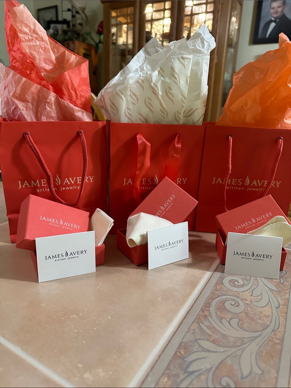3 James Avery Red Gift Bags with Red Jewelry Box and White Pouch